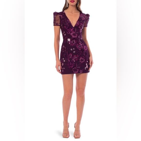 Helsi Floral Sequin Open Back Minidress Plum S - Picture 3 of 9